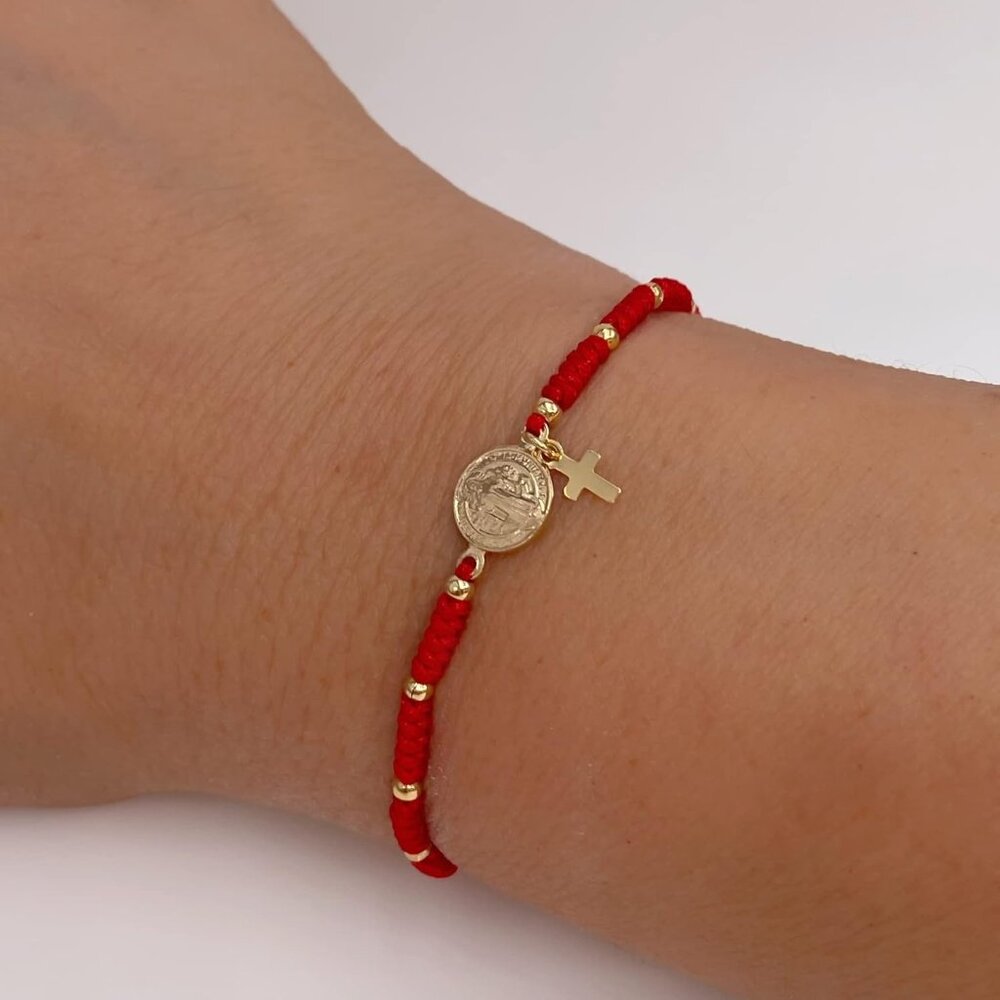 St Benedict Medal Red String Adjustable Cord Brac… - image 4